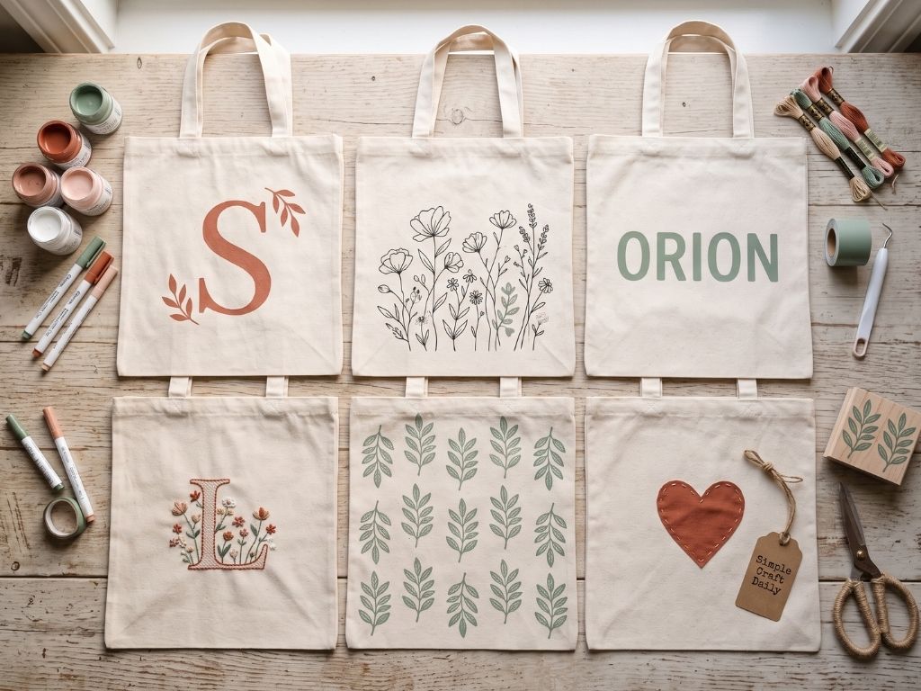DIY personalized tote bags collection with painted, embroidered, stamped, and appliqué canvas designs