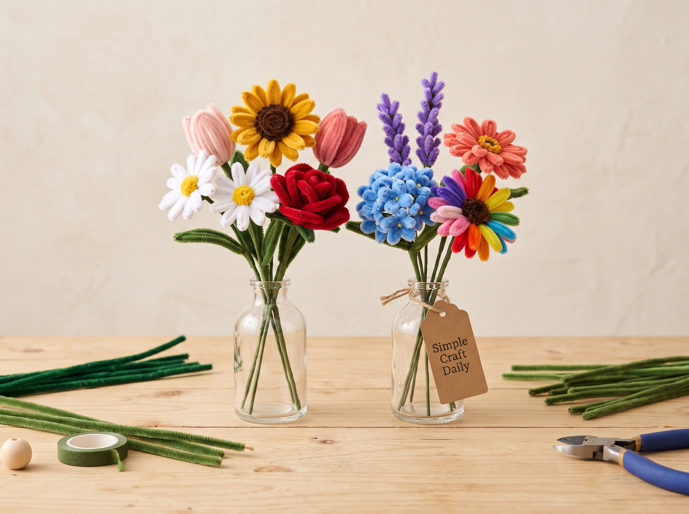 Colorful DIY pipe cleaner flowers arranged in small glass bud vases
