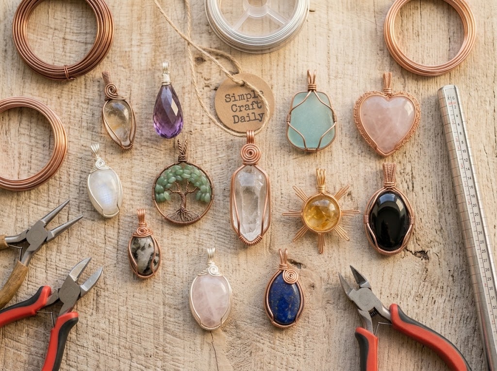 DIY wire wrap pendants collection with colorful crystals and jewelry-making tools on a wood table