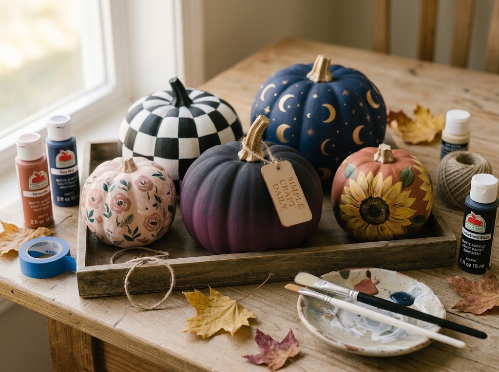 Pumpkin painting ideas displayed as a colorful no-carve fall craft collection