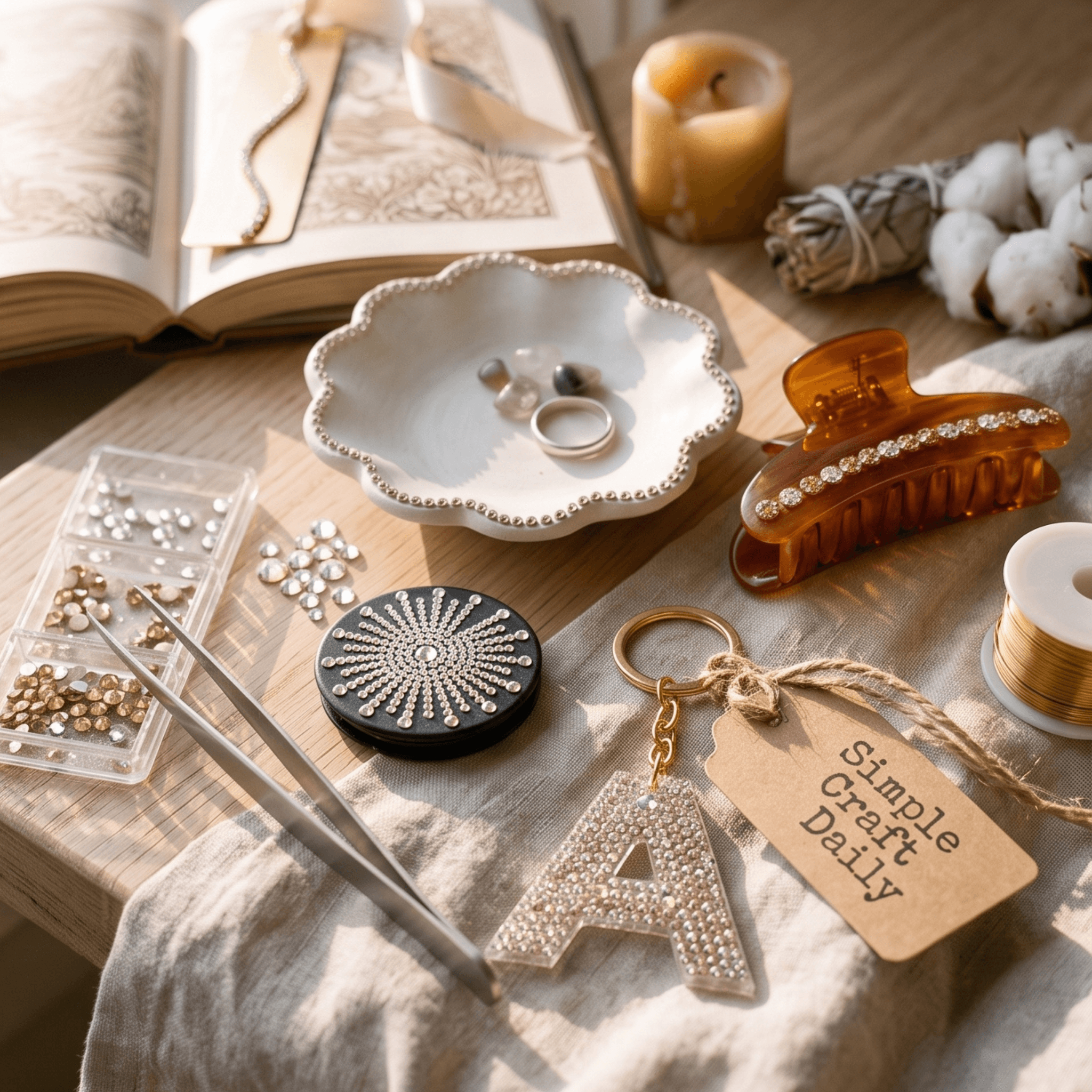 Aesthetic flat-lay of a crafting table featuring various rhinestone embellished projects and tools.
