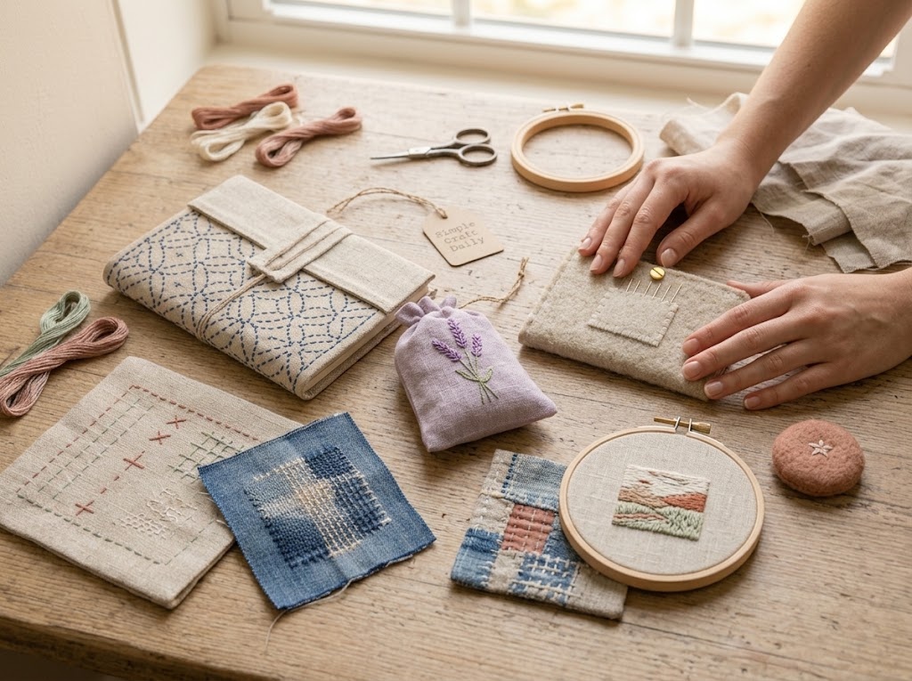 Slow stitching projects collection arranged with linen, felt, floss, and visible mending