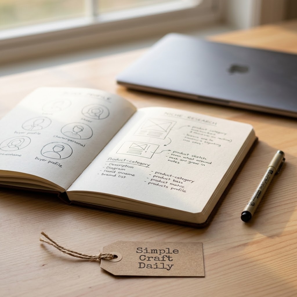 Print on demand for Etsy niche research notes in an open planning notebook