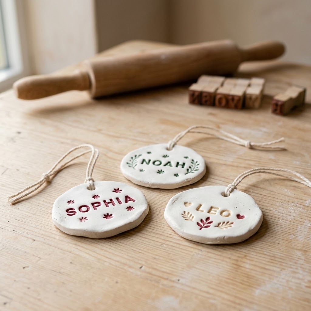 DIY Christmas gifts featuring stamped clay name ornaments in red, green, and ivory