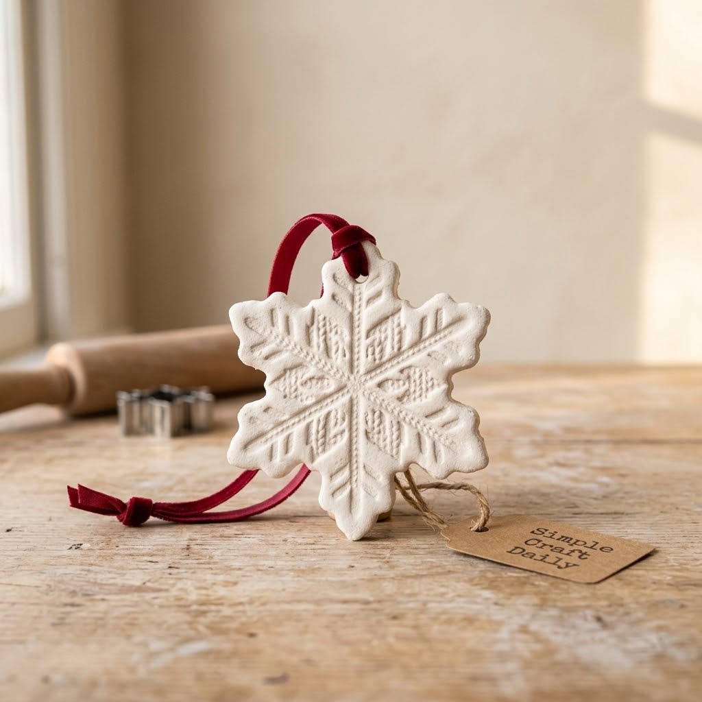 Stamped ivory DIY Christmas ornament snowflake with cranberry velvet ribbon