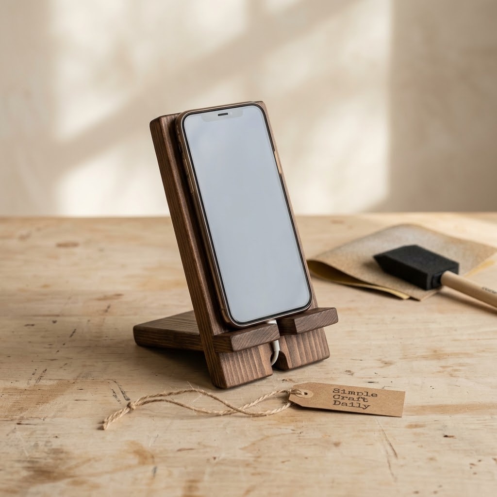 Homemade Father's Day craft walnut-stained wood phone stand on a light wood table