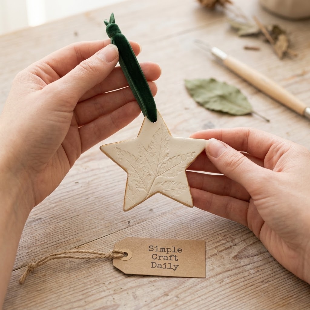 Textured botanical clay star ornament with velvet hanging loop