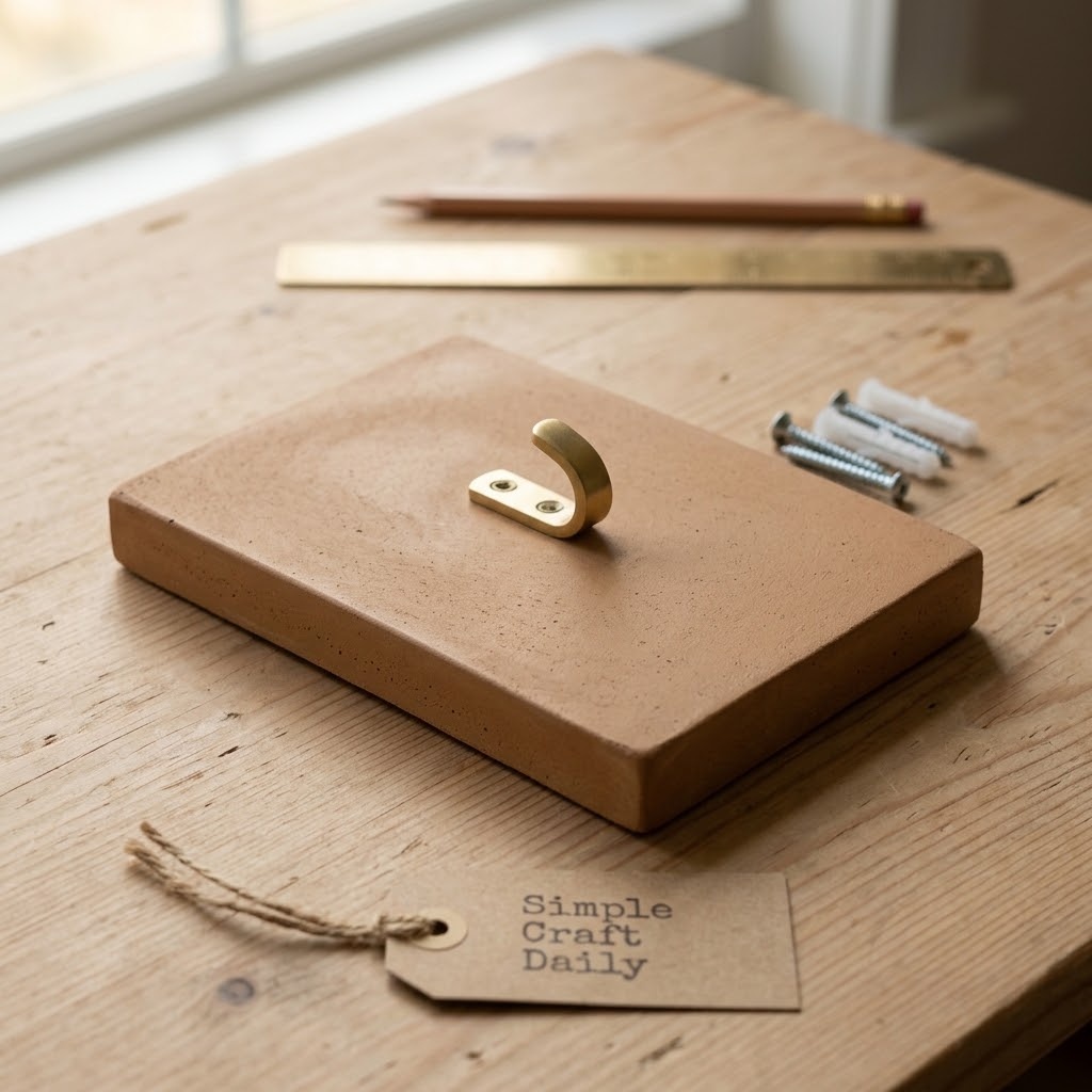 Cement wall hook plaque with brass hook and flat mounting hardware