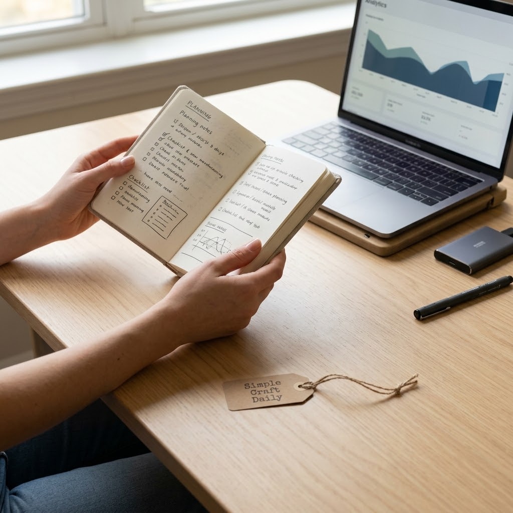 Etsy shop performance review desk with notebook and file backup drive