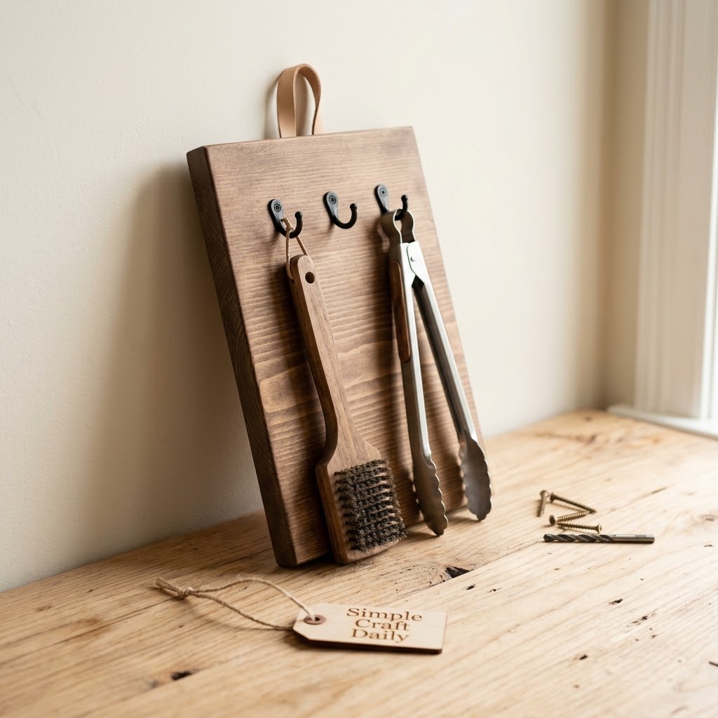 Walnut-stained wood grill tool rack with cup hooks and leather hanging loop