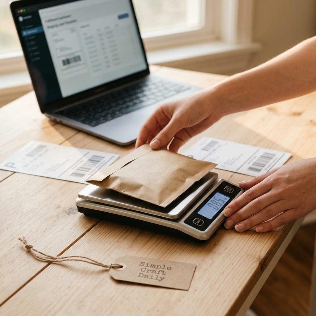 Small parcel scale, mailer, and shipping label for Etsy order fulfillment