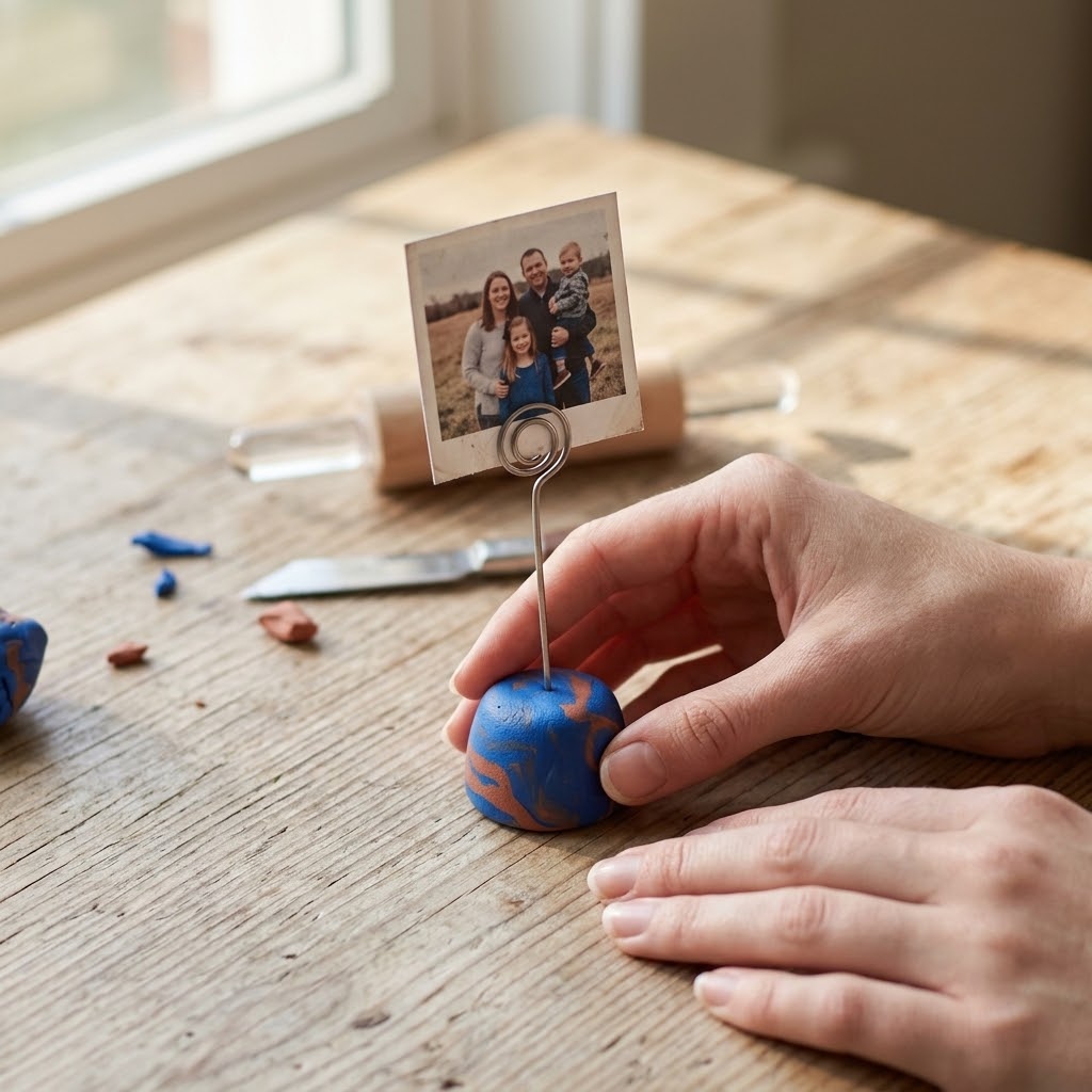 Cobalt and terracotta polymer clay photo clip stand holding a family photograph