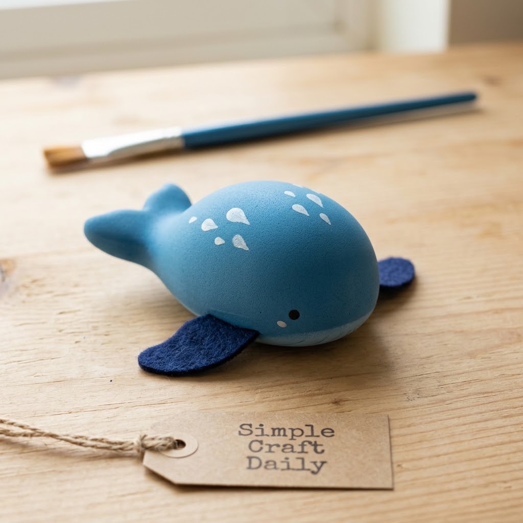 Ocean blue whale foam squishy with navy felt fins resting flat on wood