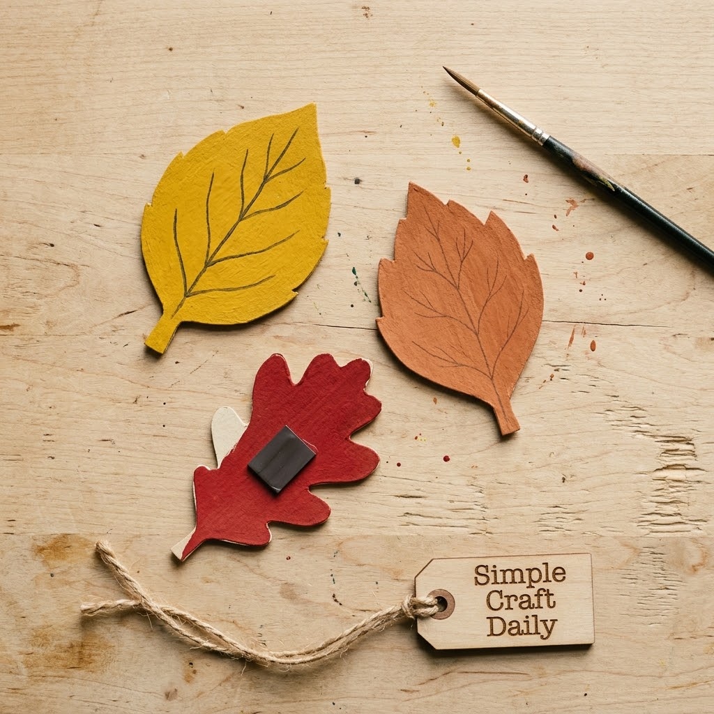 Painted cardstock leaf magnets in red orange and mustard