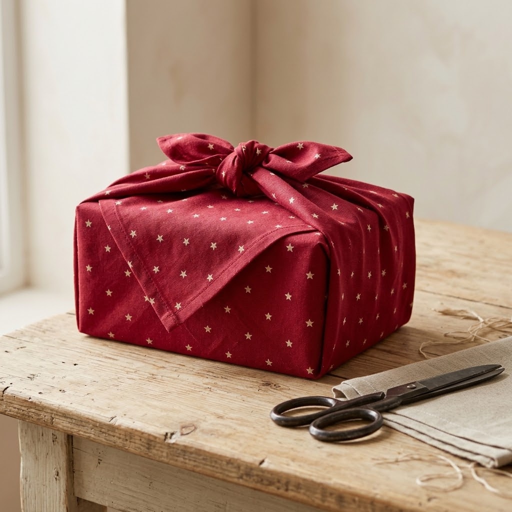 Cranberry cotton furoshiki wrap tied around a rectangular holiday gift box