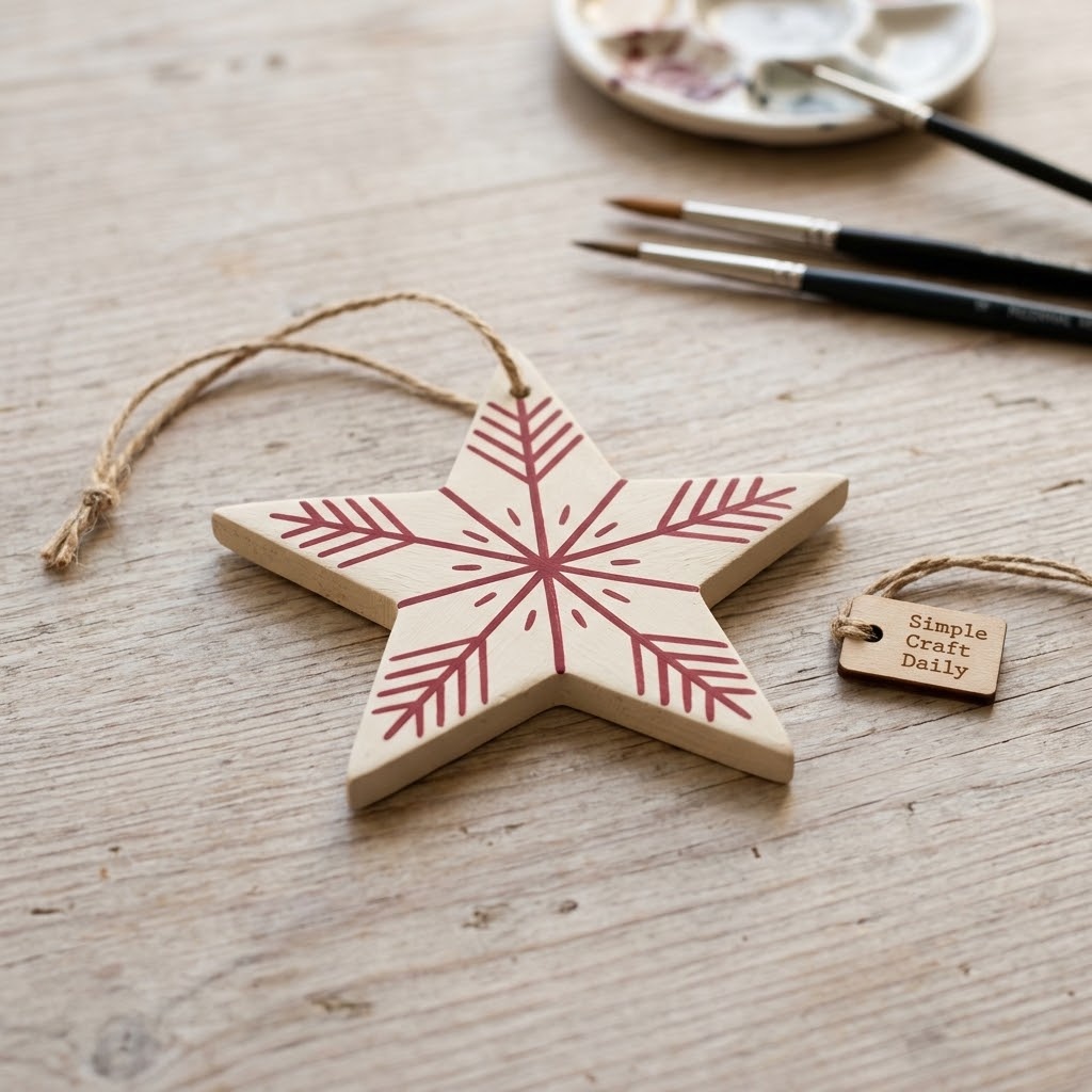 Ivory wooden star with cranberry geometric paint and jute loop