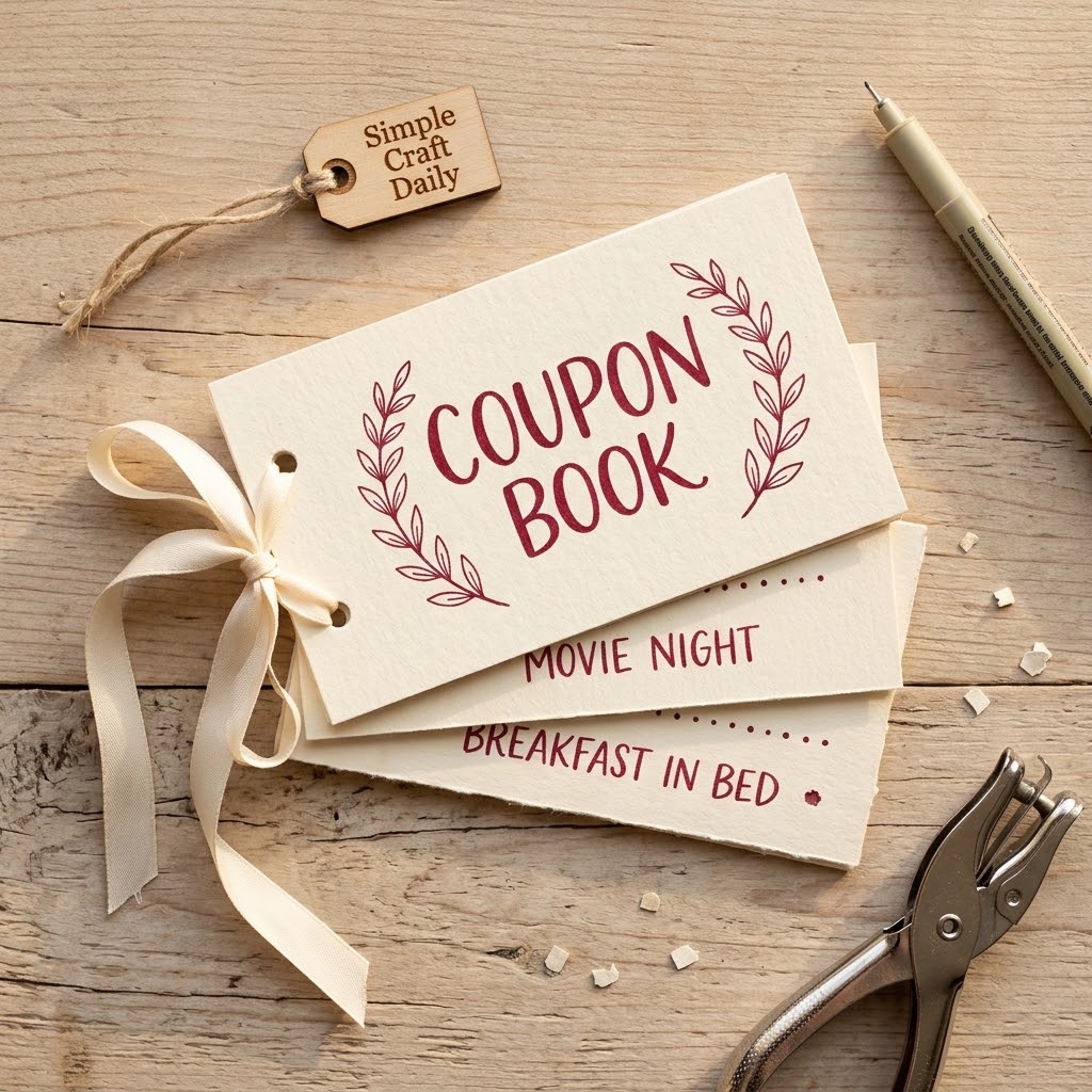 Hand-lettered ivory coupon book with cranberry activity cards and cream ribbon