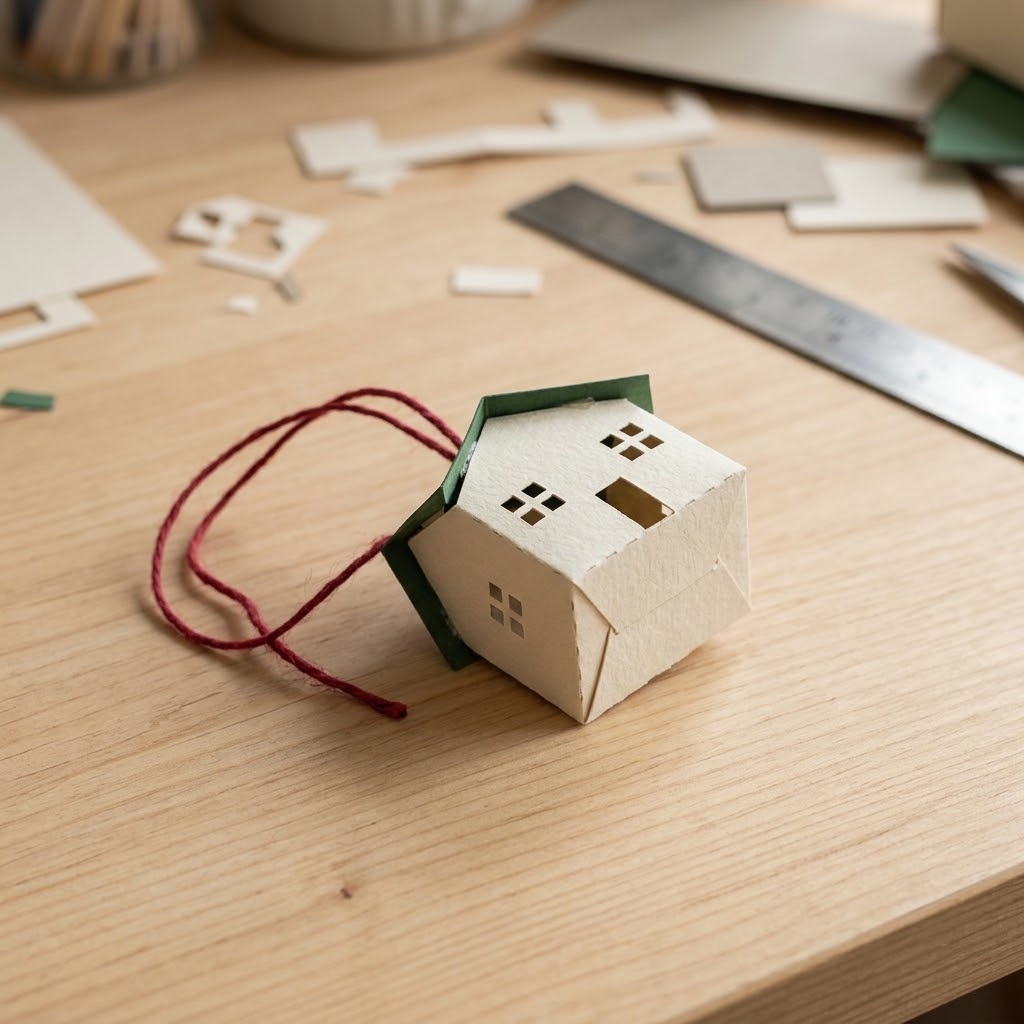 Ivory and green paper house ornament with cut-out windows