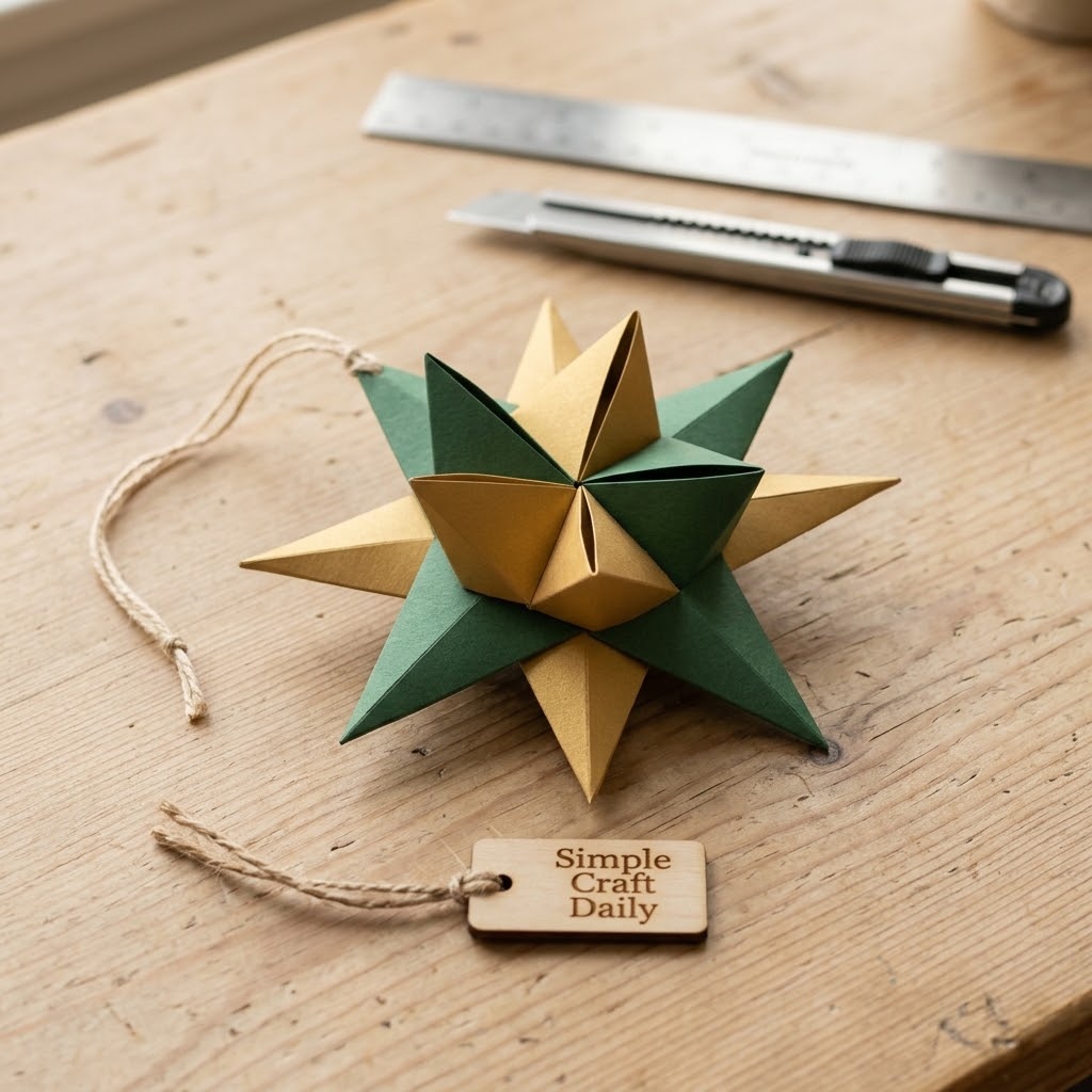 DIY Christmas Ornaments green and gold folded cardstock star with a cotton twine hanger