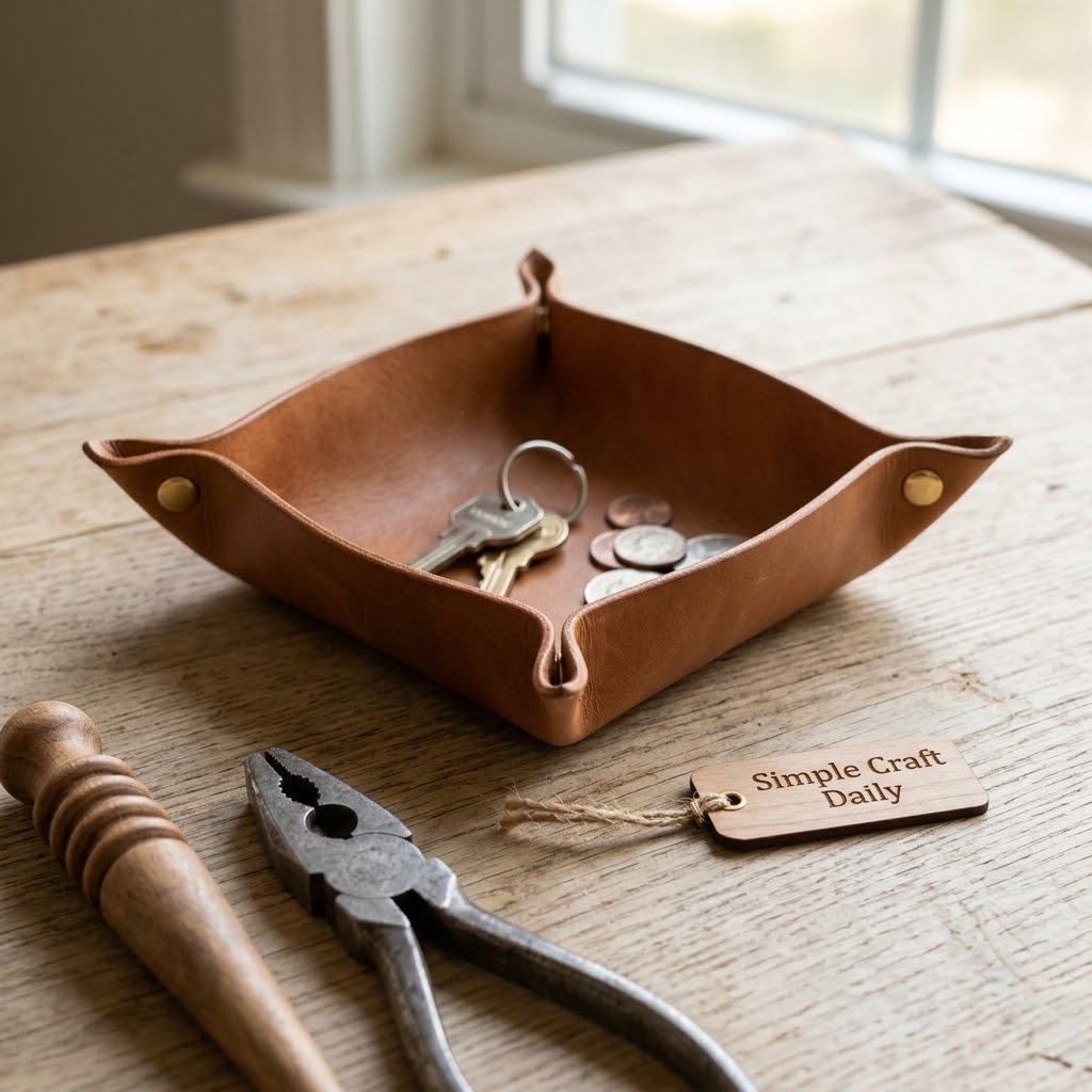 Homemade Father's Day craft leather valet tray with brass snaps for keys and coins