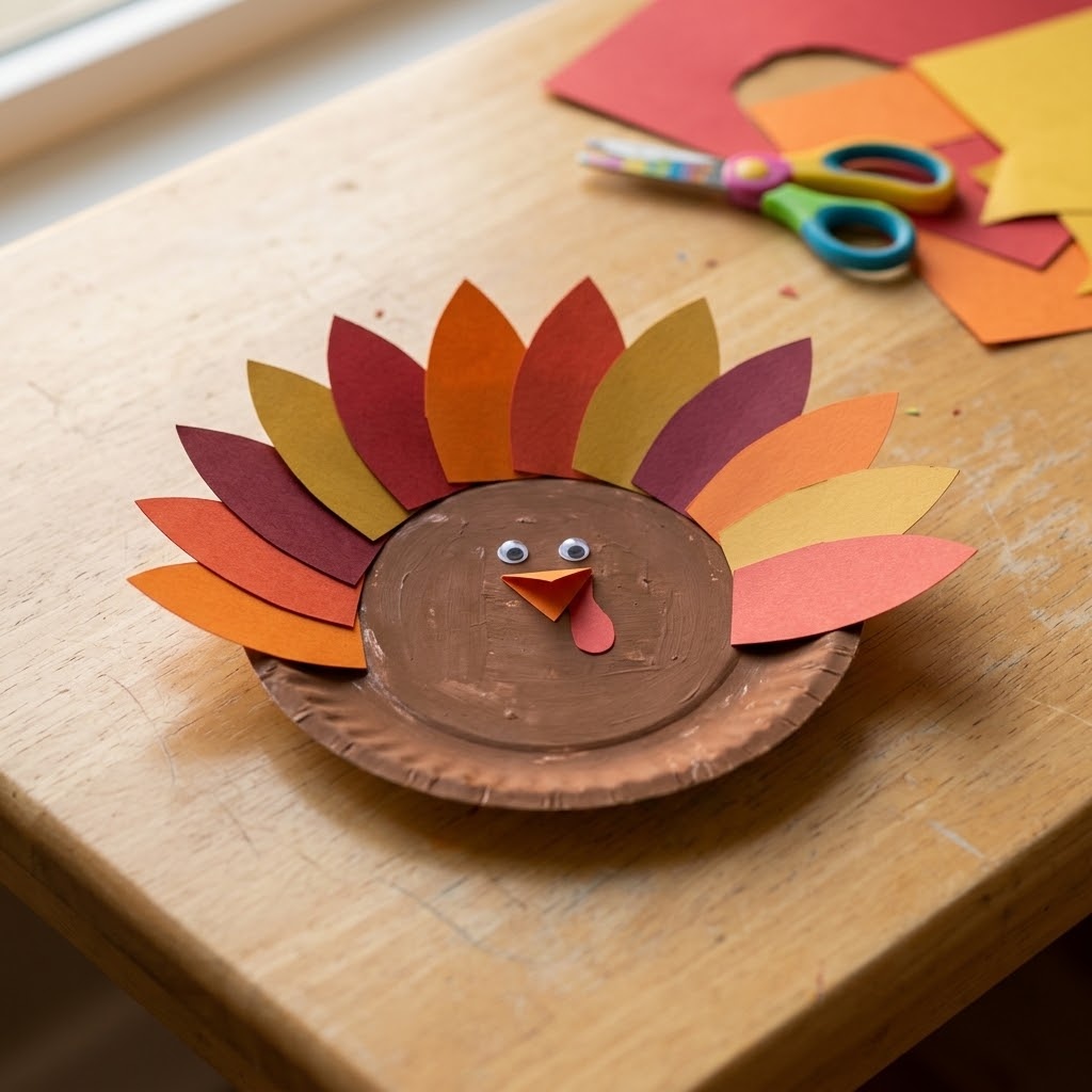 Thanksgiving Crafts For Kids colorful painted paper plate turkey with layered cardstock feathers