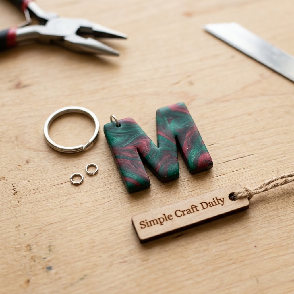 DIY Christmas gifts with an emerald and cranberry polymer clay monogram keychain