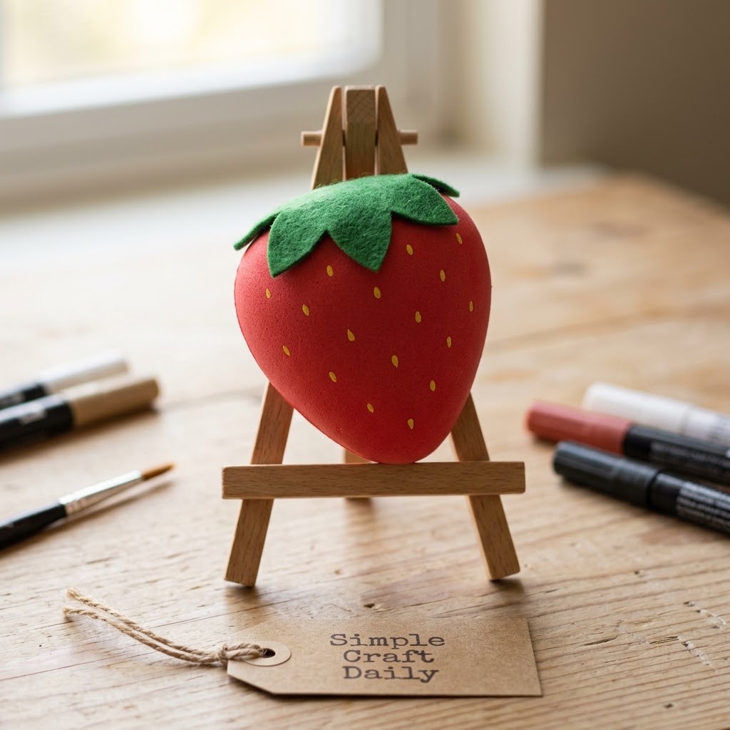 Strawberry slice DIY squishy collection theme with red foam, yellow seeds, and green felt leaves