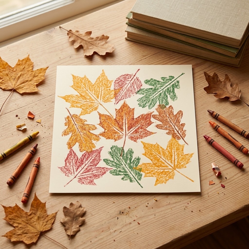 Leaf rubbing collage for thanksgiving crafts for kids in autumn crayon colors