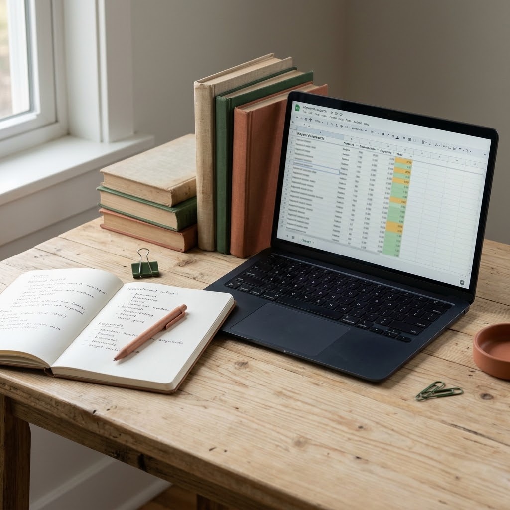 Best Etsy tools for beginners with keyword research notes and laptop