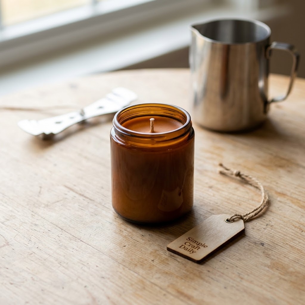 DIY Christmas gifts featuring a handmade amber soy candle with centered cotton wick
