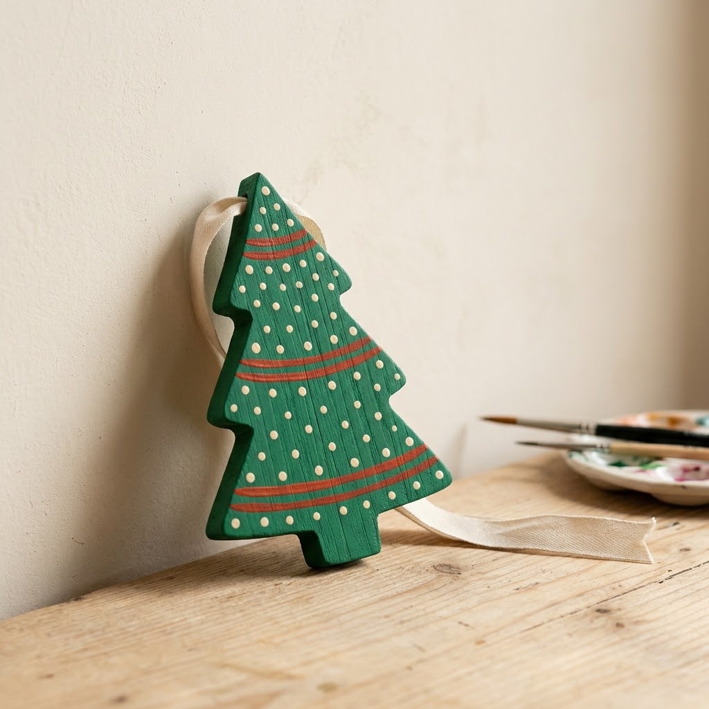 Painted folk tree DIY Christmas ornament in green red and cream