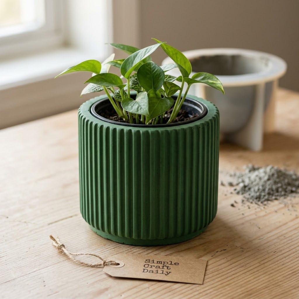 Ribbed green cement crafts to sell planter with removable plant liner