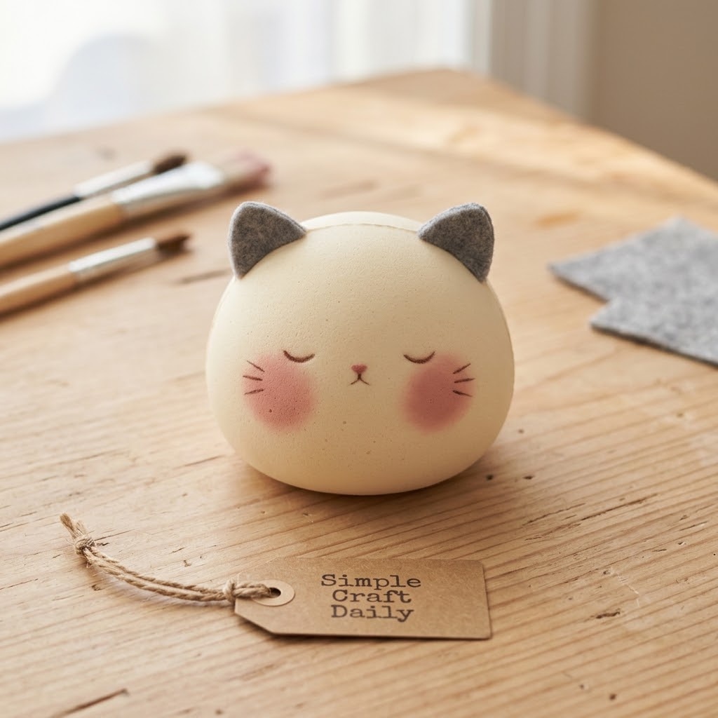 Sleepy cat DIY squishy collection figure with cream foam, felt ears, and rosy cheeks