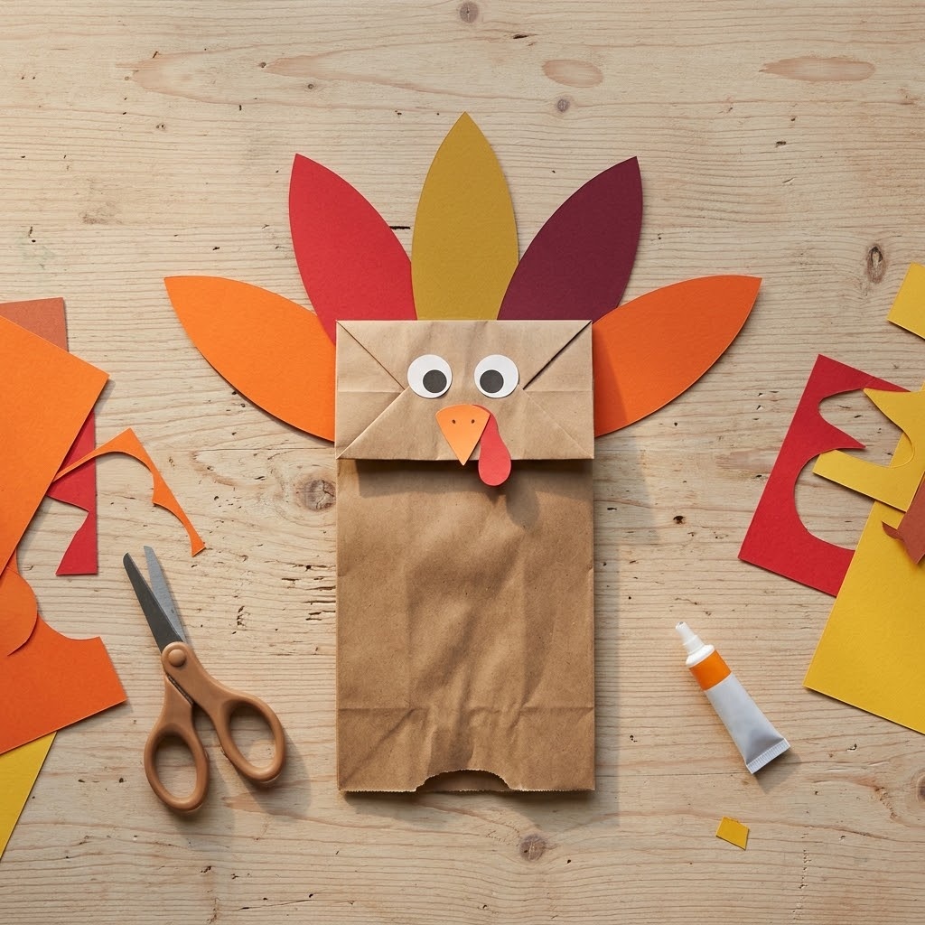 Thanksgiving Crafts For Kids brown paper bag turkey puppet with colorful cardstock feathers