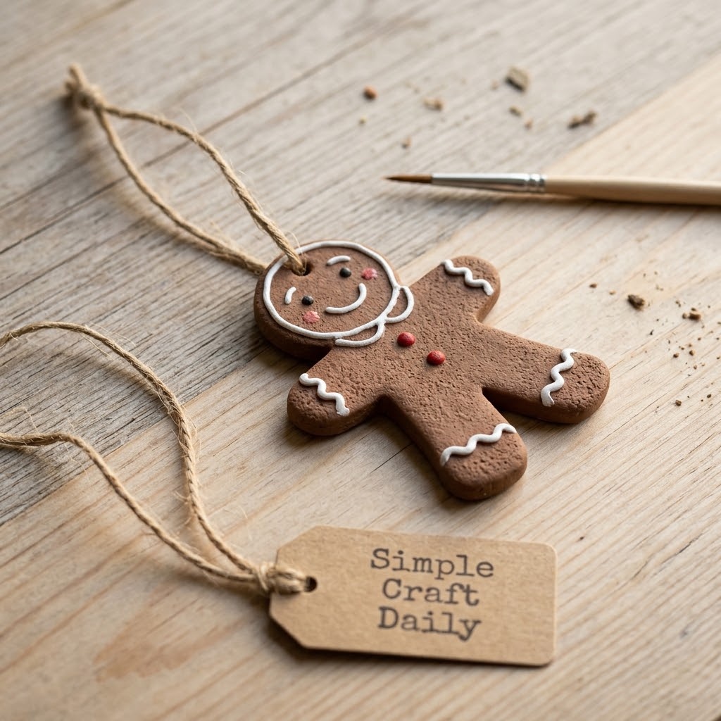 Gingerbread polymer clay DIY Christmas ornament with white icing details