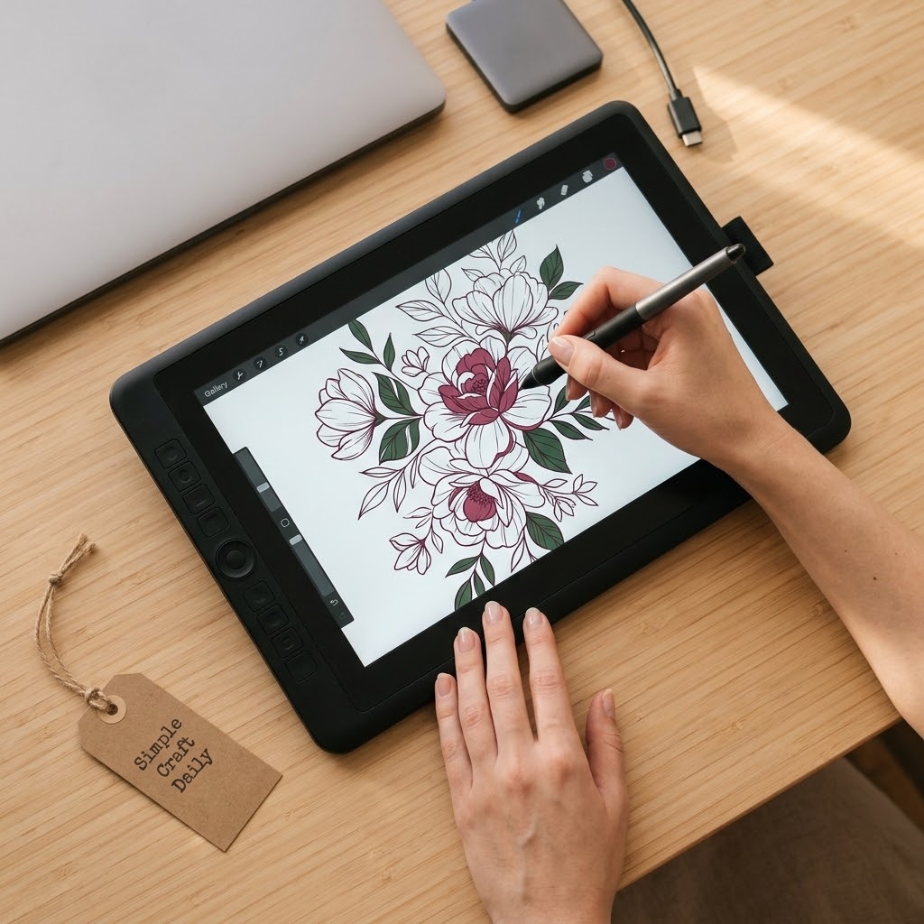 Artist creating an original print file on a drawing tablet
