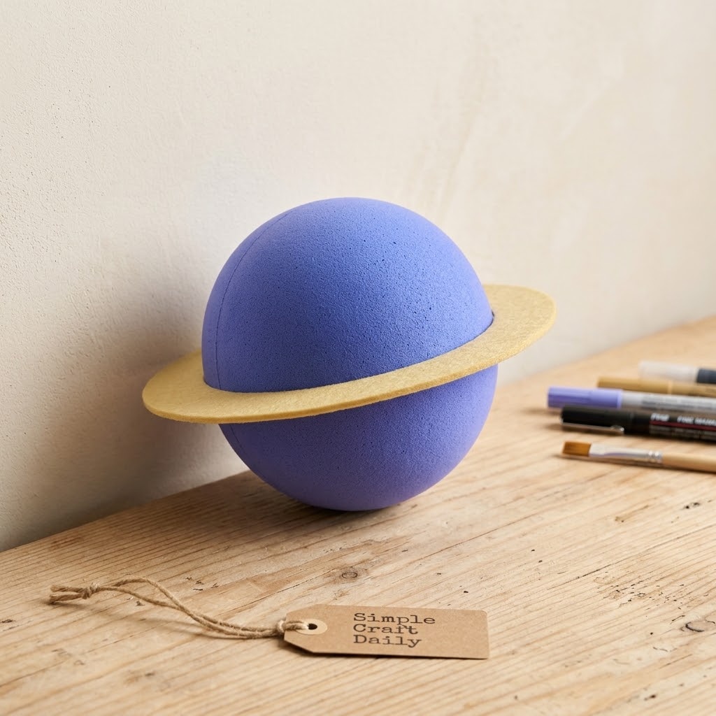 DIY Squishy Collection blue violet planet squishy with a pale gold felt orbit ring resting flat on wood