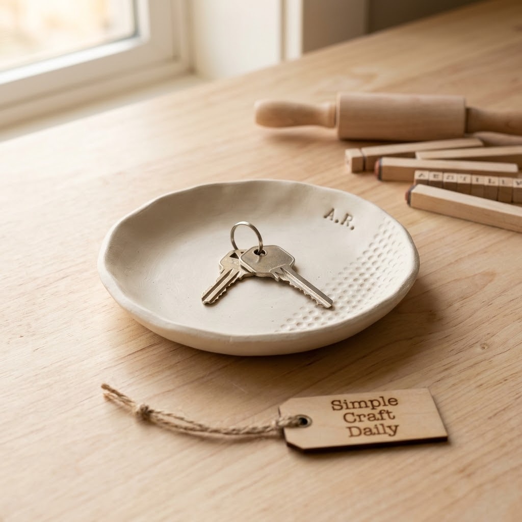 Homemade Father's Day craft personalized air-dry clay key dish with stamped initials
