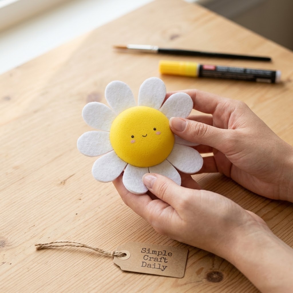 Daisy face DIY squishy collection craft with yellow foam center and white felt petals