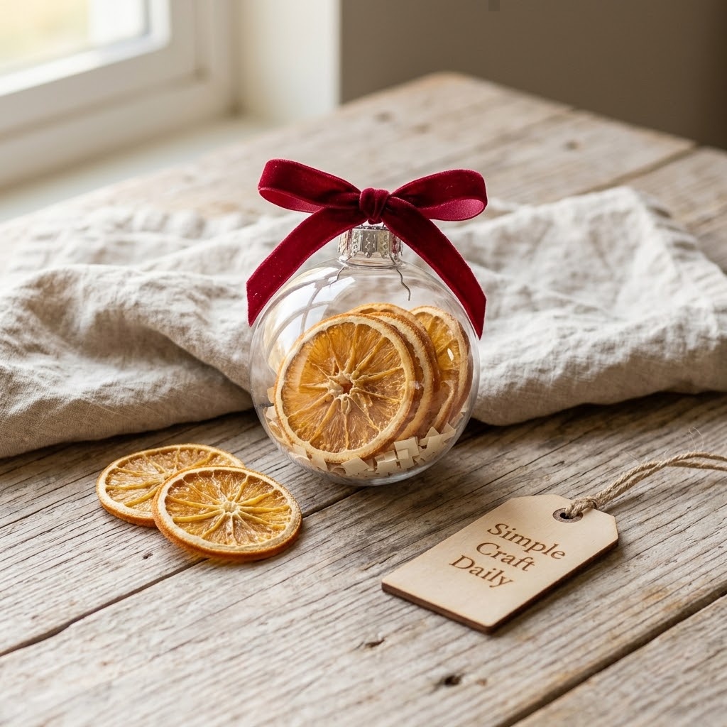 DIY Christmas Ornaments clear bauble filled with dried orange slices and ivory paper confetti