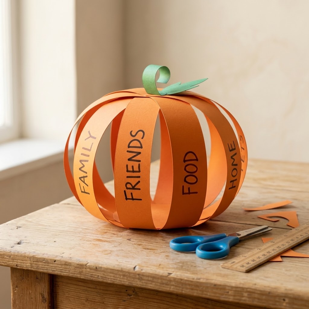 Dimensional orange paper pumpkin with family gratitude messages