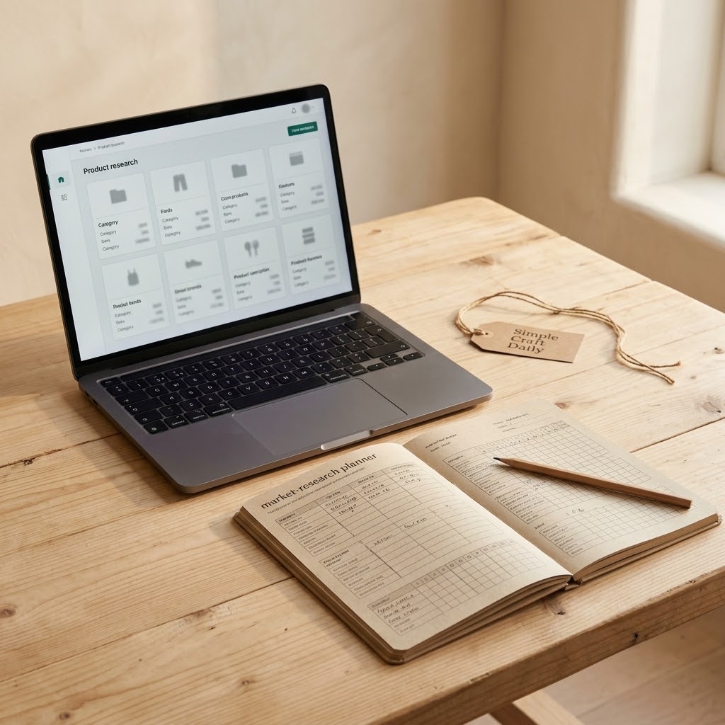 Best Etsy Tools For Beginners laptop and market research planner for validating original Etsy product ideas