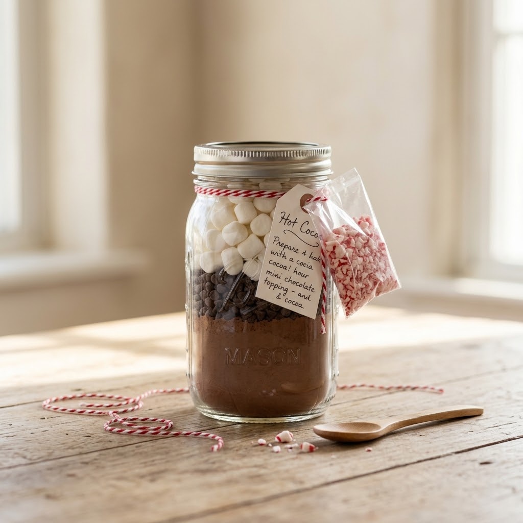 DIY Christmas gifts featuring a layered hot cocoa jar with marshmallows and peppermint
