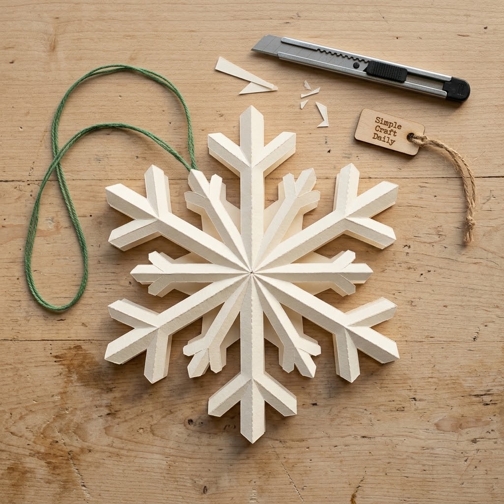 Layered ivory paper DIY Christmas ornament snowflake with green twine
