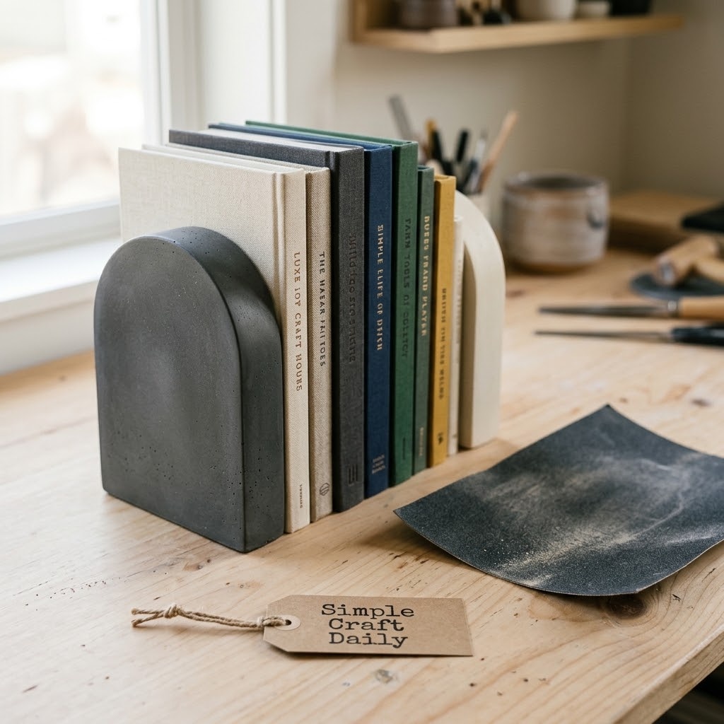Sculptural cement bookends holding linen-bound books