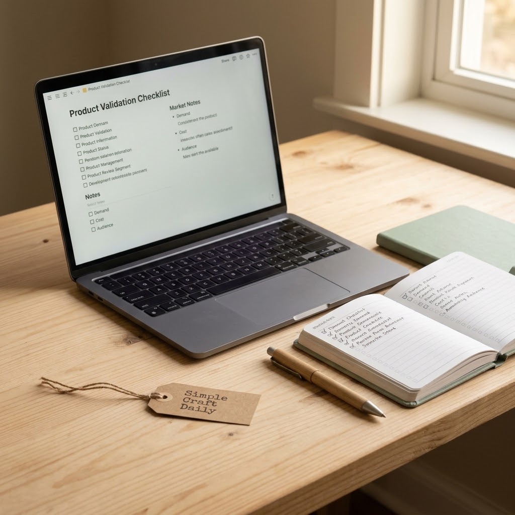 Product validation checklist and laptop for a new Etsy seller