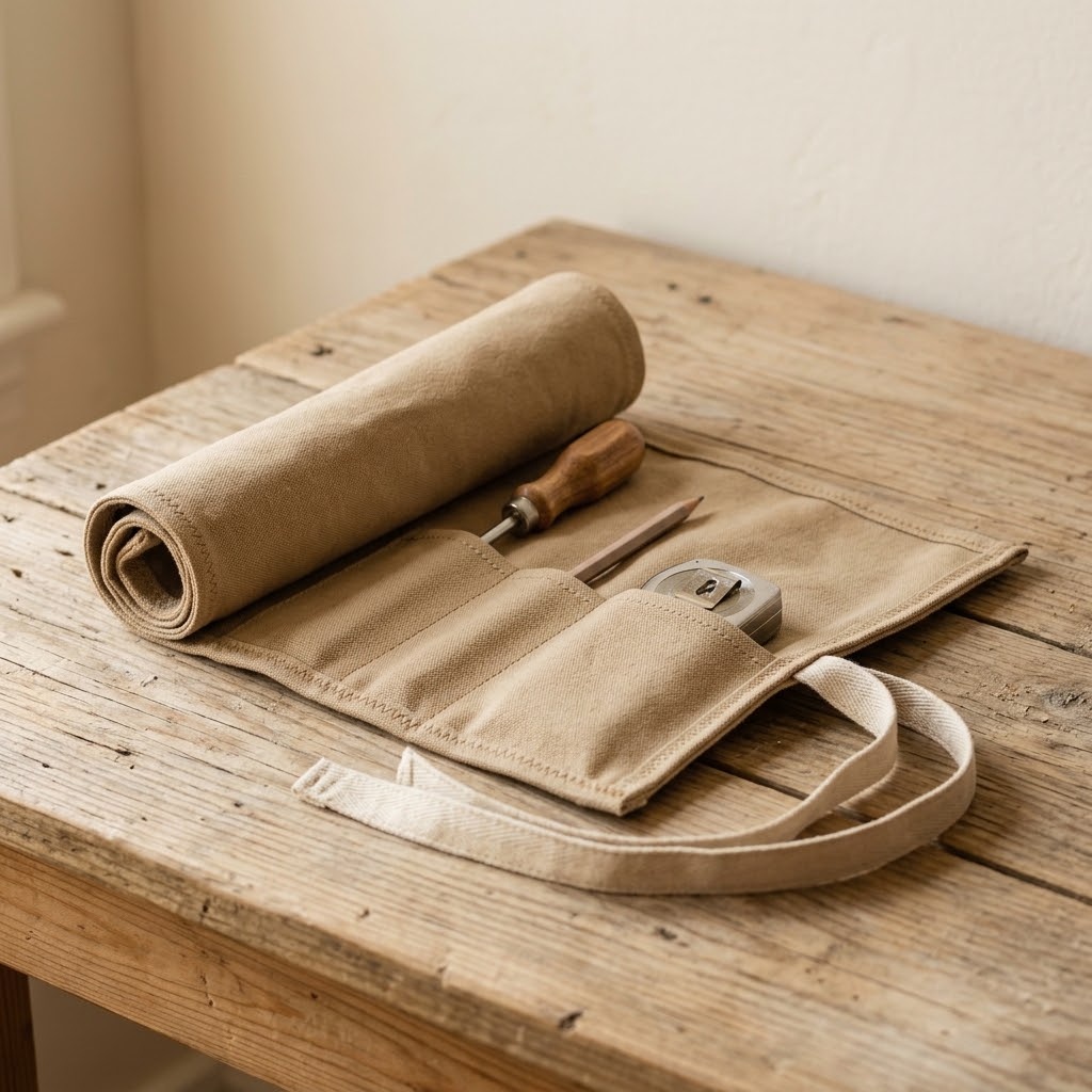 Natural canvas tool roll with stitched pockets and cotton ties