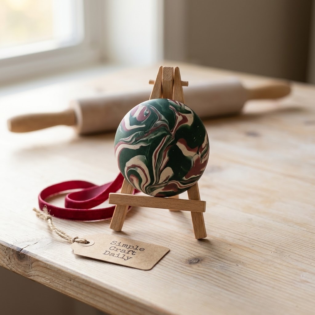 Marbled green and ivory DIY Christmas ornament with a cranberry ribbon
