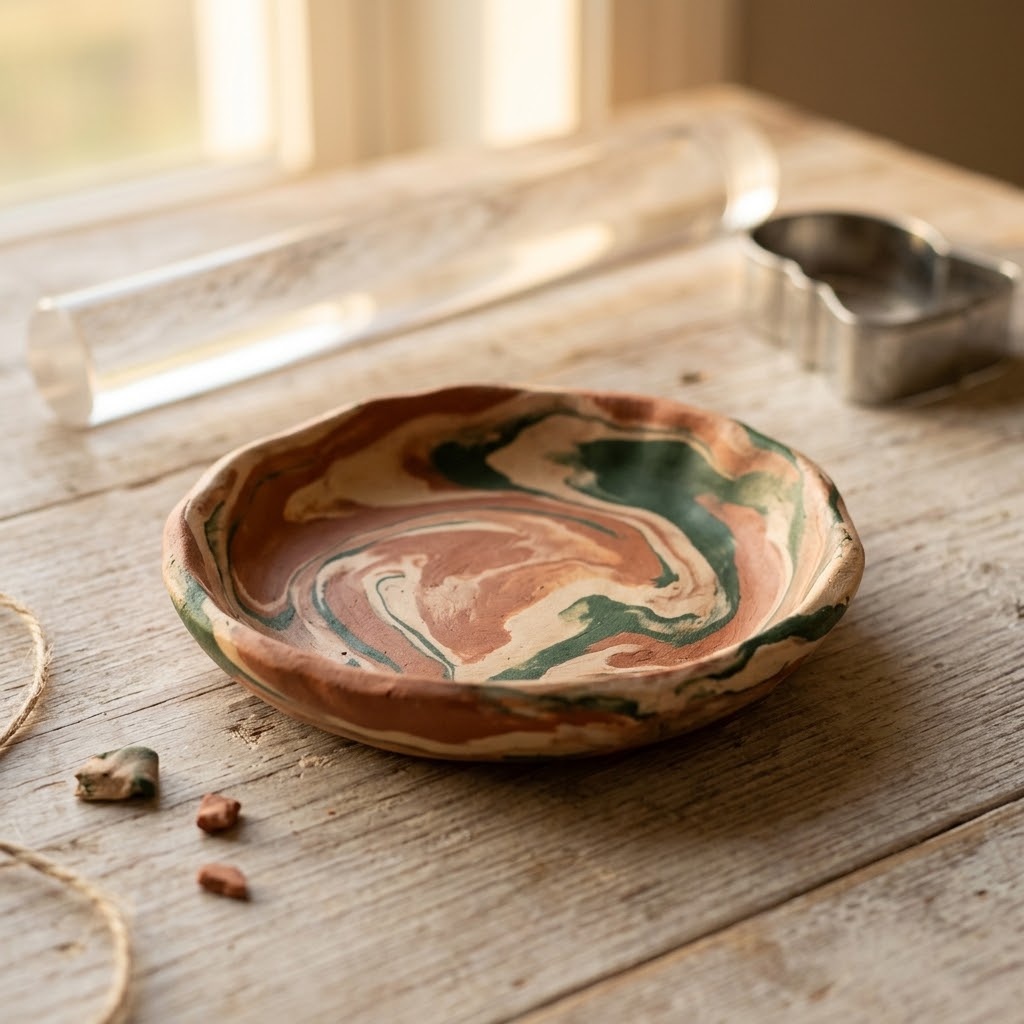 DIY Christmas gifts with a marbled terracotta and green clay ring dish