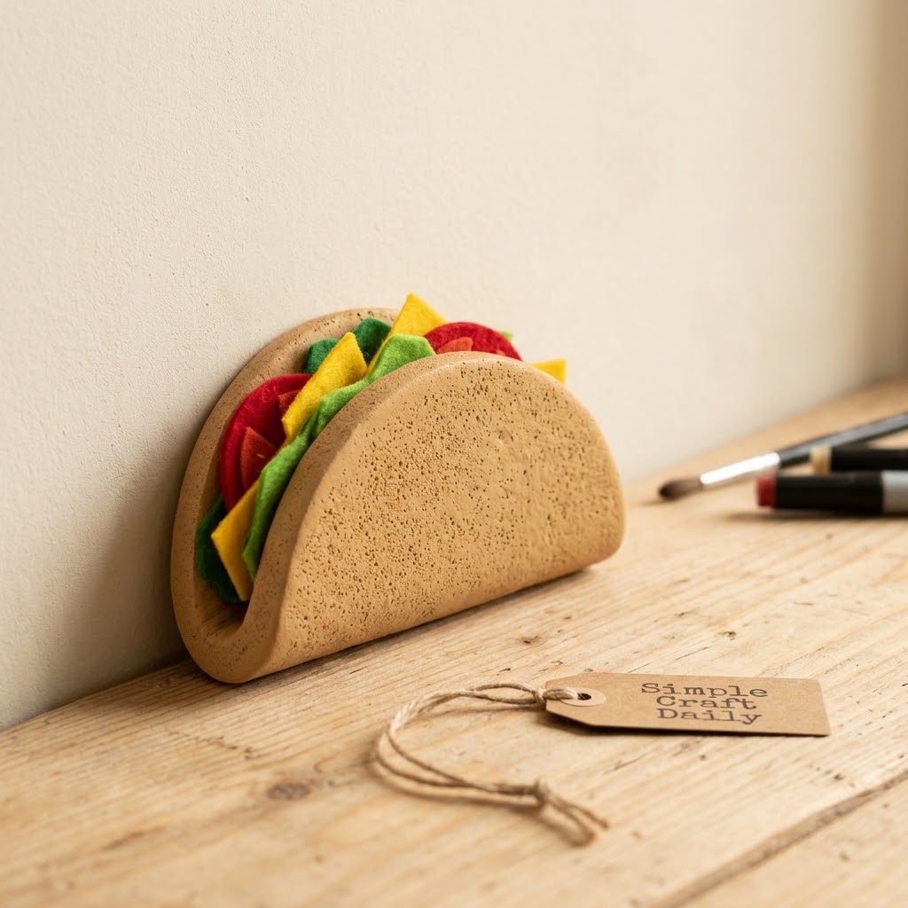 Mini taco foam squishy with tan shell and colorful felt fillings lying flat